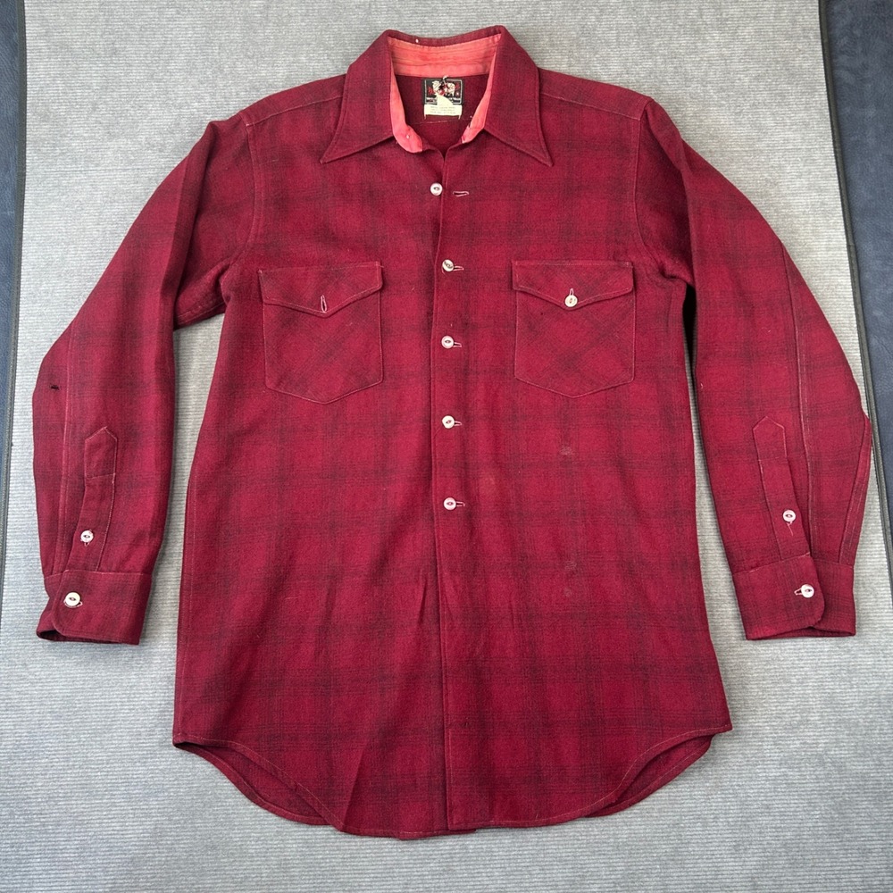 Vintage Woolrich 100% Virgin Wool Plaid y2k Shirt Burgundy Red Size 15.5 M 1950s